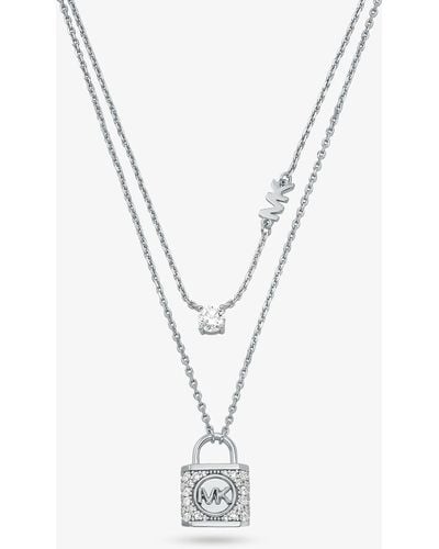 Michael Kors Double Layered Pave Lock Necklace - White