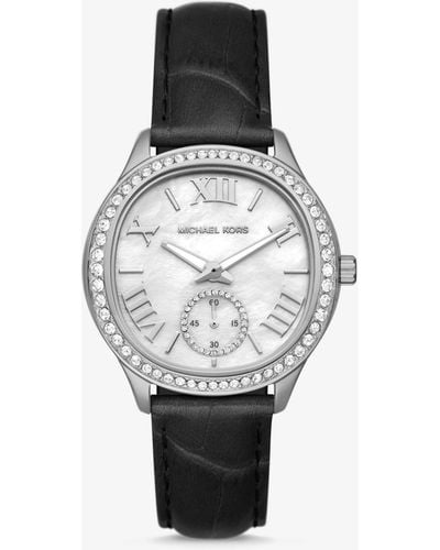 Michael Kors Sage Pavé Silver-tone And Crocodile Embossed Leather Watch - White