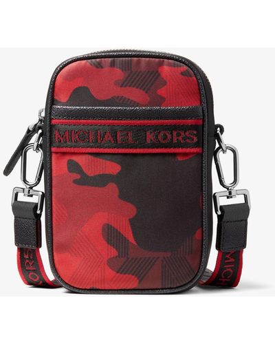 Michael Kors Brooklyn Logo Tape Camouflage Printed Woven Smartphone Crossbody Bag - Red