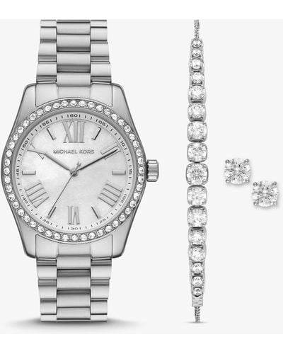 Michael Kors Set de pulsera y reloj Lexington en tono plateado con incrustaciones - Blanco