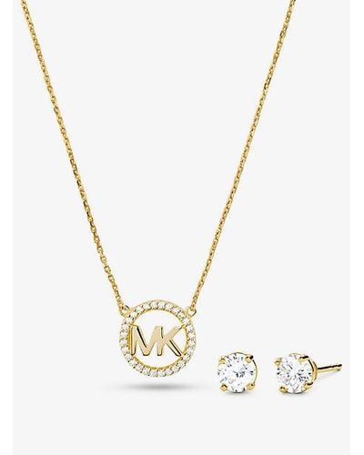 Michael Kors Mk 14K Rose-Plated Sterling Pavé Logo Charm Necklace And Stud Earrings Set - Metallic