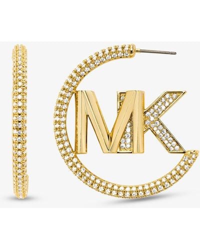 Michael Kors Pendiente de aro de latón chapado en metal precioso con logo e incrustación - Metálico