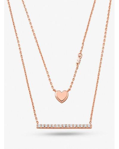 Michael Kors Mk Precious Metal-Plated Sterling Double Heart And Pavé Bar Necklace - White