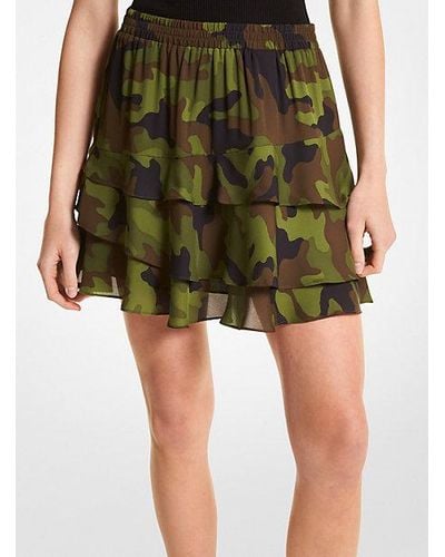 Michael Kors Camouflage Silk Georgette Ruffled Skirt - Green