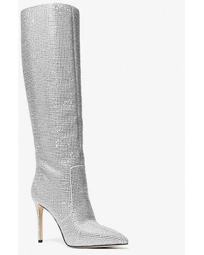 Michael Kors Mk Rue Embellished Glitter Chain-Mesh Knee Boot - White