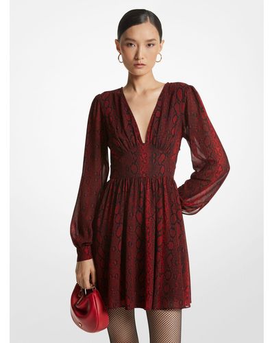 Michael Kors Snake Print Georgette V-neck Dress - Red