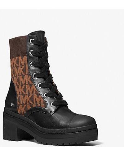 Michael Kors Brea Leather And Logo Jacquard Combat Boot - Black