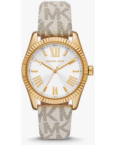 Michael Kors Lexington Gold-tone Case And Vanilla Signature Pvc Logo Band Watch - Metallic