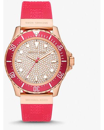 Michael Kors Oversized Slim Everest Pavé Rose-gold Tone And Embossed Silicone Watch - Pink