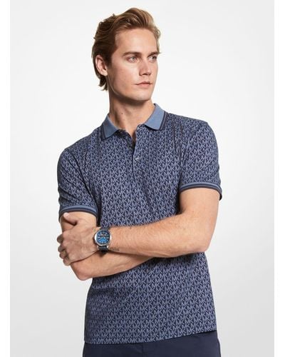 Michael Kors Greenwich Logo Print Cotton Jersey Polo Shirt - Blue