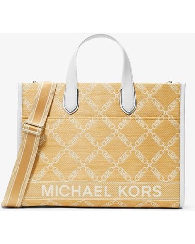 Michael Kors Gigi Large Empire Logo Jacquard Straw Tote Bag - Natural