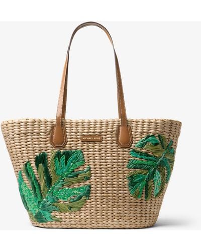 Michael Kors Sac à main Malibu en paille tressée avec broderie palmier - Multicolore