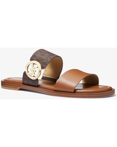 Michael Kors Vera Leather And Signature Logo Slide Sandal - Brown