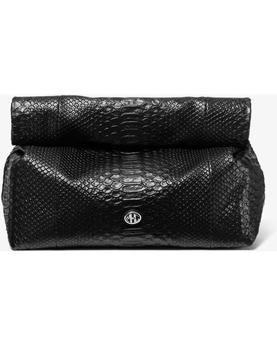 Michael Kors Mk Monogramme Medium Python Embossed Leather Lunch Box Clutch - Black