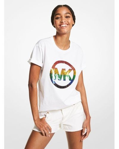 Michael Kors Pride T-Shirt Aus Biobaumwolle Mit Logo Aus Pailletten - Weiß