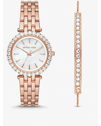 Michael Kors Mini Darci Pave Rose Gold-tone Watch And Bracelet Gift Set - White