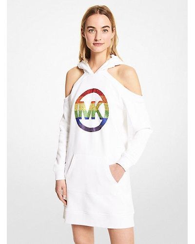 Michael Kors Mk Pride Embellished Logo Organic Cotton Terry Hoodie Cutout Dress - White