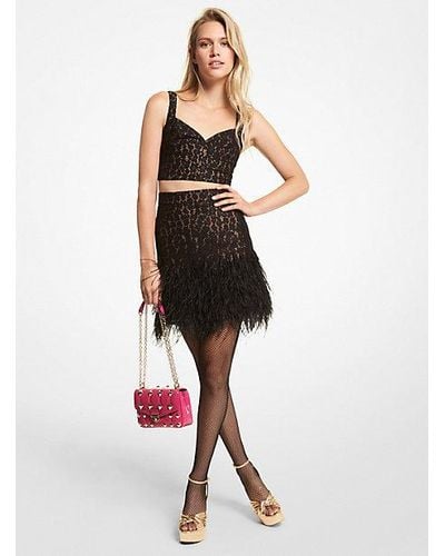 Michael Kors Feather Embellished Corded Lace Skirt - Black