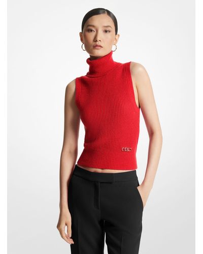 Michael Kors Sleeveless Merino Wool Blend Polo Neck Top - Red