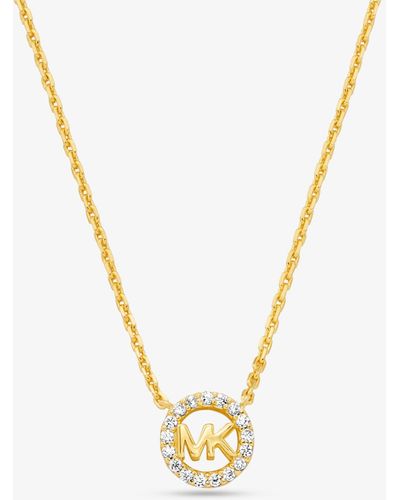 Michael Kors Fulton Precious-metal Plated Sterling Silver Pavé Logo Charm Necklace - Metallic