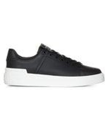 Balmain Leather Raffia Low Top Sneakers - Black