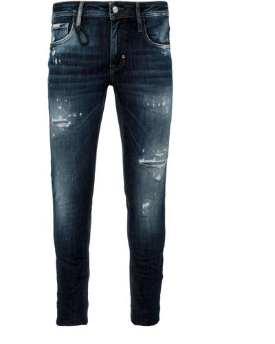 Antony Morato Geezer Slim-fit Jeans In Stonewashed Dark Blue Denim With Rips And Five Pockets.