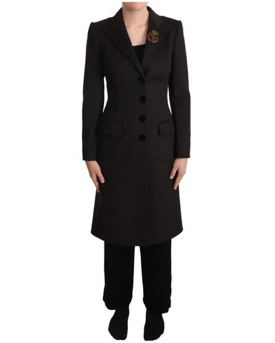 Dolce & Gabbana Grauer Woll-Kaschmir-Mantel Jacke mit Wappenapplikation - Schwarz