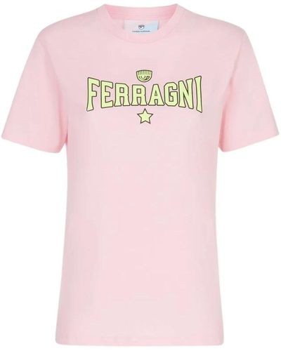 Chiara Ferragni Rosa baumwoll-t-shirt mit ferragni stretch-druck - Pink