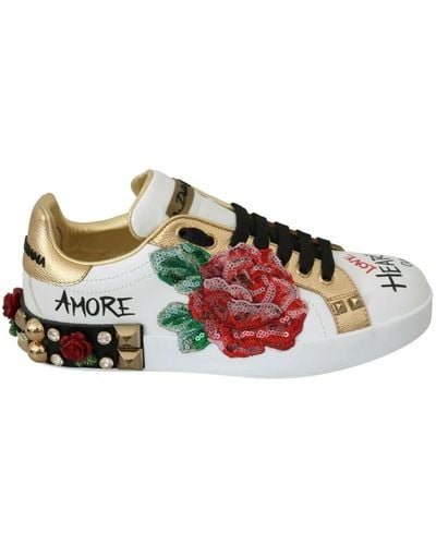 Dolce & Gabbana White Roses Sequined Crystal S Sneakers Shoes - Multicolor