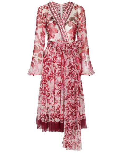 Dolce & Gabbana Abito fuchsia in chiffon di seta con stampa maiolica - Rosso