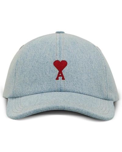 Ami Paris Bestickte rote logo denim mütze - Blau