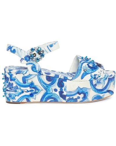 Dolce & Gabbana Majolica Crystal-Embellished Wedge Sandals - Blue
