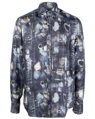 John Richmond Camicia in seta con pattern iconico di sfilata - Blu