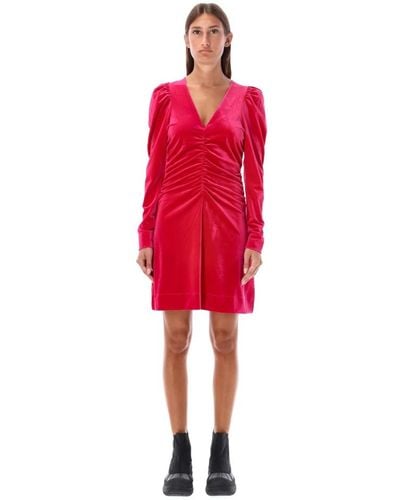 Ganni Vestito mini in velluto con scollo a v e maniche lunghe - Rosso