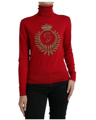 Dolce & Gabbana Maglione rosso in lana con collo alto intarsiato