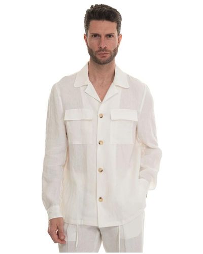 Paoloni Overshirt in lino con tasche sul petto e spacchi laterali - Bianco