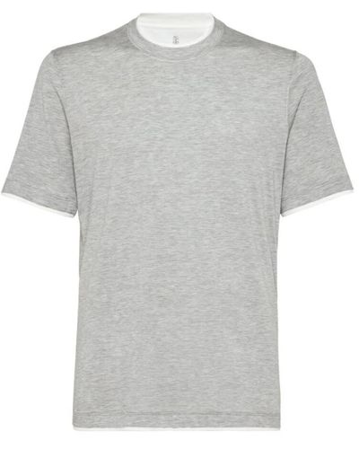 Brunello Cucinelli T-shirt in seta-cotone a strati con girocollo - Grigio