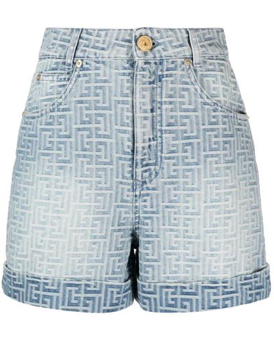 Balmain Shorts in denim con stampa monogramma - Blu