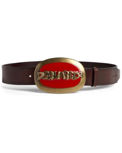 DSquared² Cintura in pelle marrone con fibbia logo - Rosso