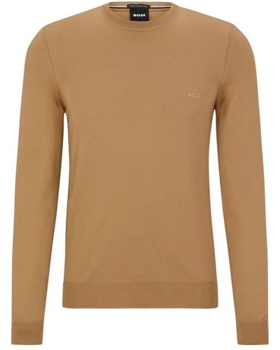 BOSS Boss Botto L Beige Logo Embroidered Sweater In Responsible Wool 50476364 260 - Marrone