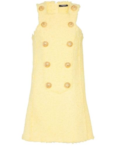 Balmain Tweed-swingkleid mit geknöpftem plastron - Gelb