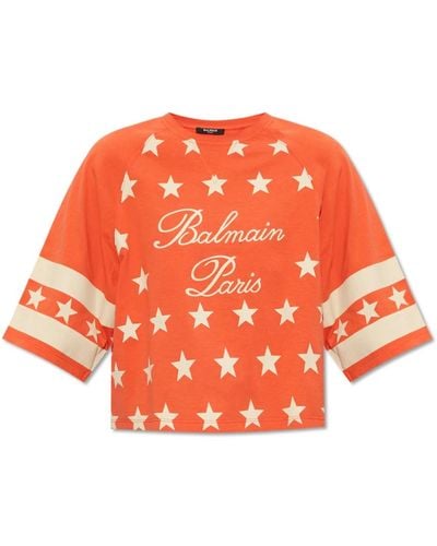 Balmain Gekürztes t-shirt mit logo - Orange