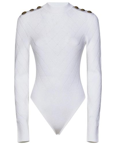 Balmain Body bianco a coste in maglia con taglio sulla schiena - Blu