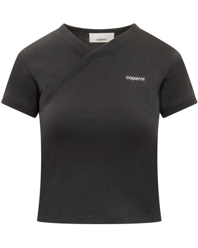 Coperni Camiseta corta con cuello en v y logo - Negro
