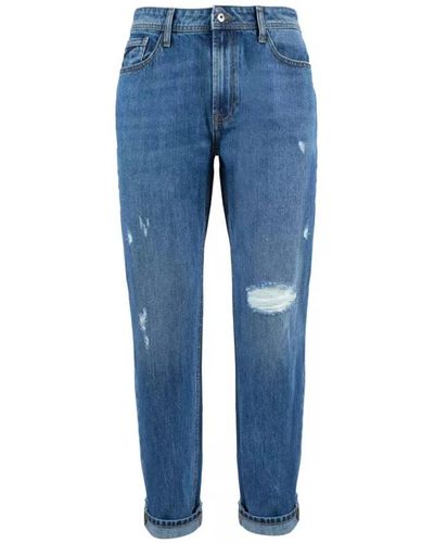 Yes-Zee Jeans in cotone blu con strappi e cuciture