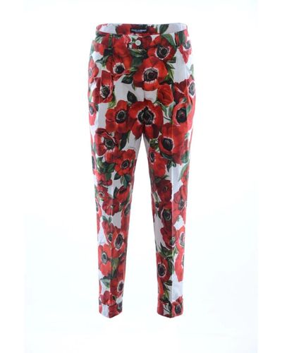 Dolce & Gabbana White red anemone cotton trouser tapered pants - Rosso