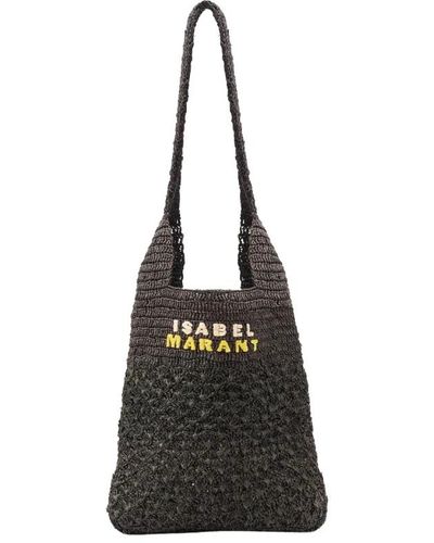 Isabel Marant Handgewebte raffia-tote-tasche mit gesticktem logo - Schwarz