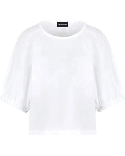 Emporio Armani Weiße popeline-bluse mit kurzen ärmeln und gebundenen bändern
