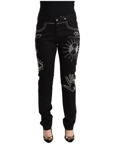 Valentino Schwarze baumwoll-mid-waist-verzierte slim fit jeans