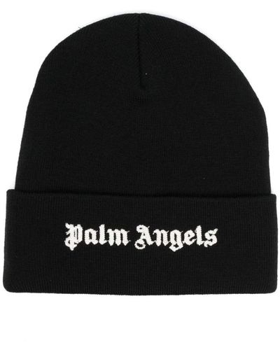 Palm Angels Schwarze strickmütze mit weißem logo